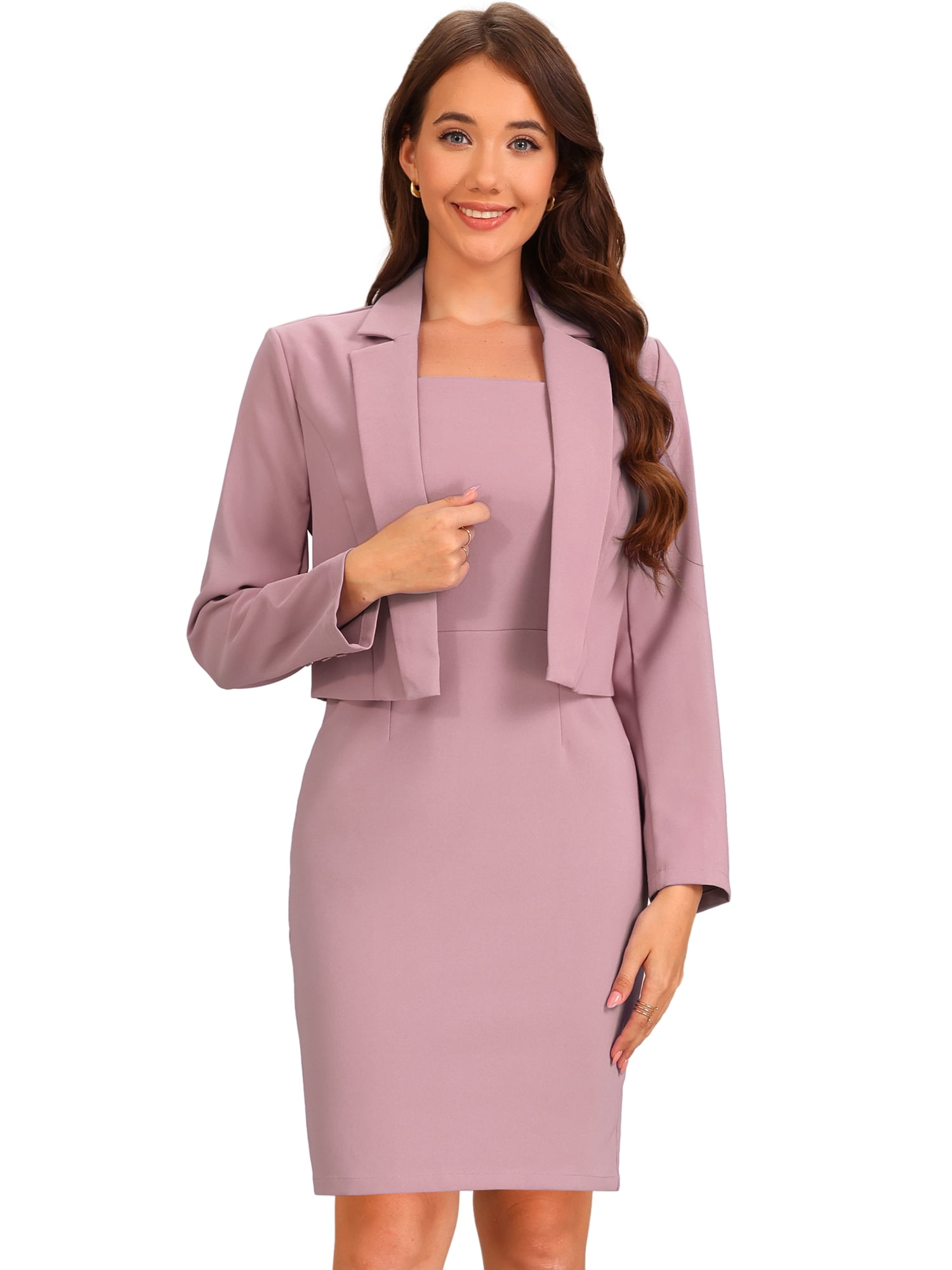 DARING DIVA 2Pcs Women's Long Sleeve Blazer Sleeveless Dress Suit Set S Grey Pink