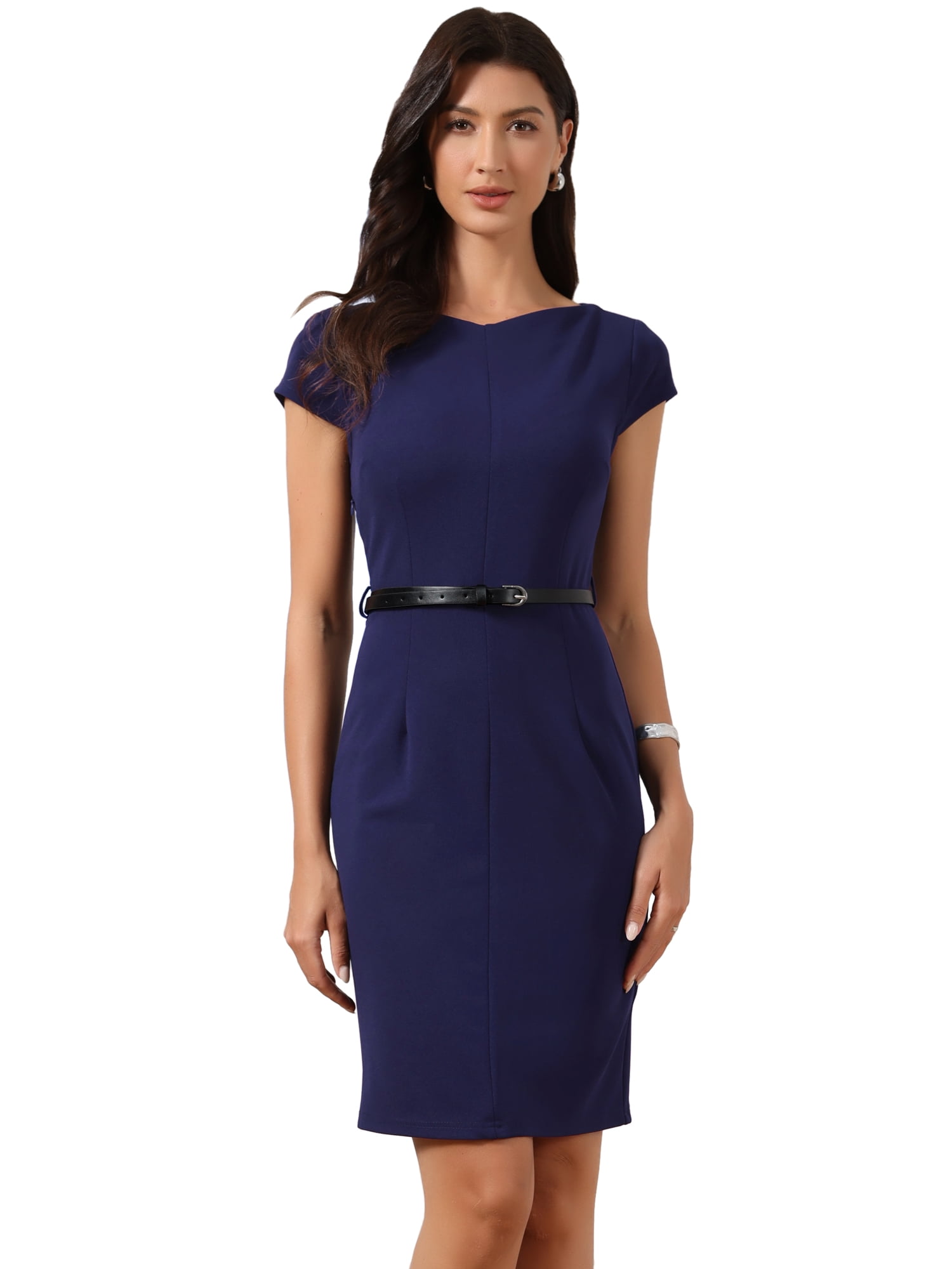 DARING DIVA Women's Work Summer Cap Sleeve Belted Bodycon Sheath Dress XL Dark Navy