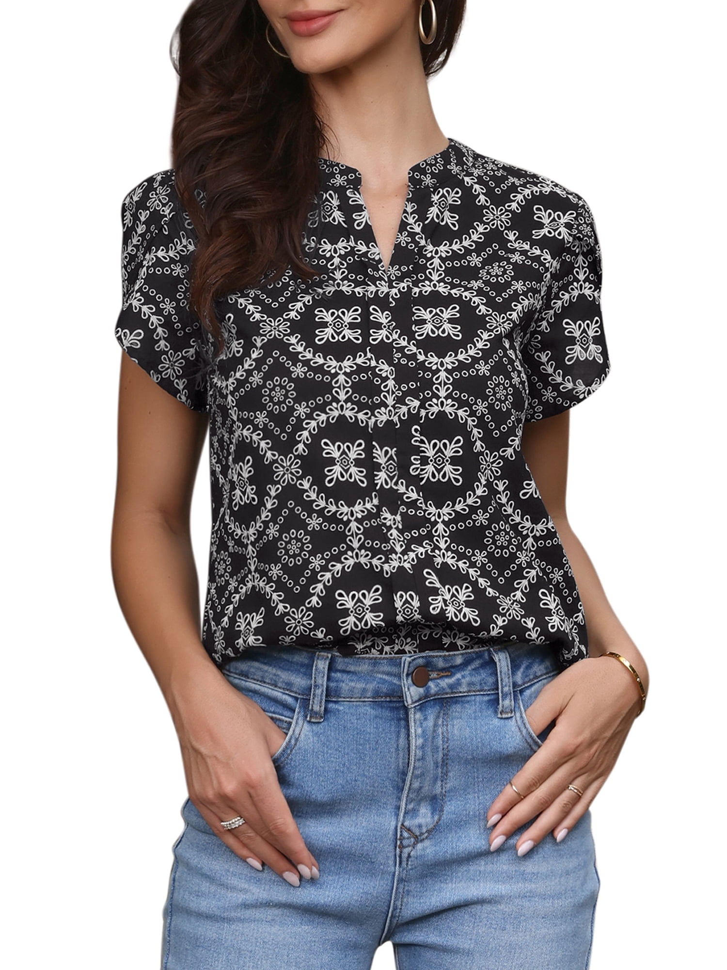 DARING DIVA Women's Work V Neck Embroidery Eyelet Petal Short Sleeve Dressy L Black