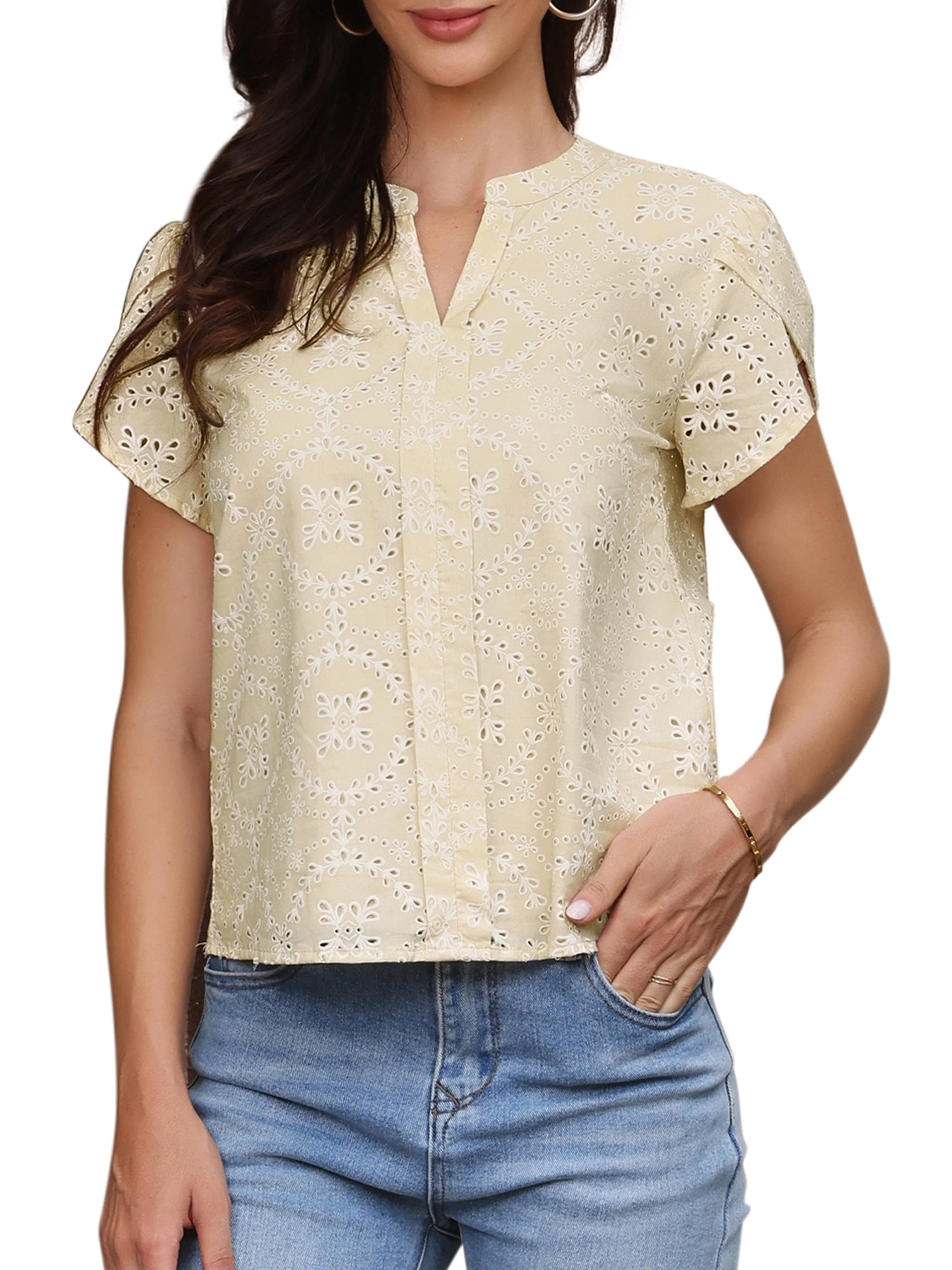 DARING DIVA Women's Work V Neck Embroidery Eyelet Petal Short Sleeve Dressy XS Apricot