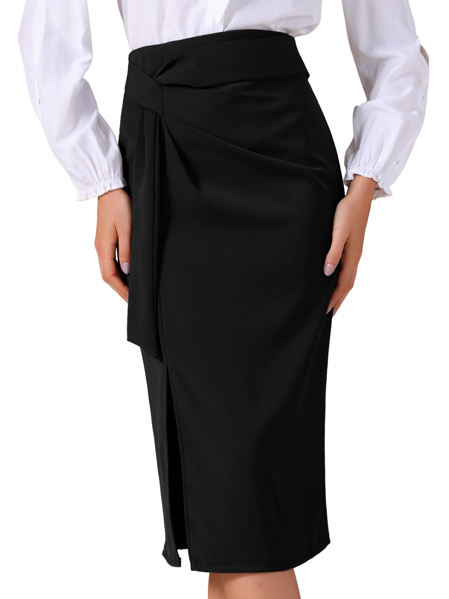 DARING DIVA Women's Work Wrap Bow Tie Office Slit Midi Skirt Medium Black