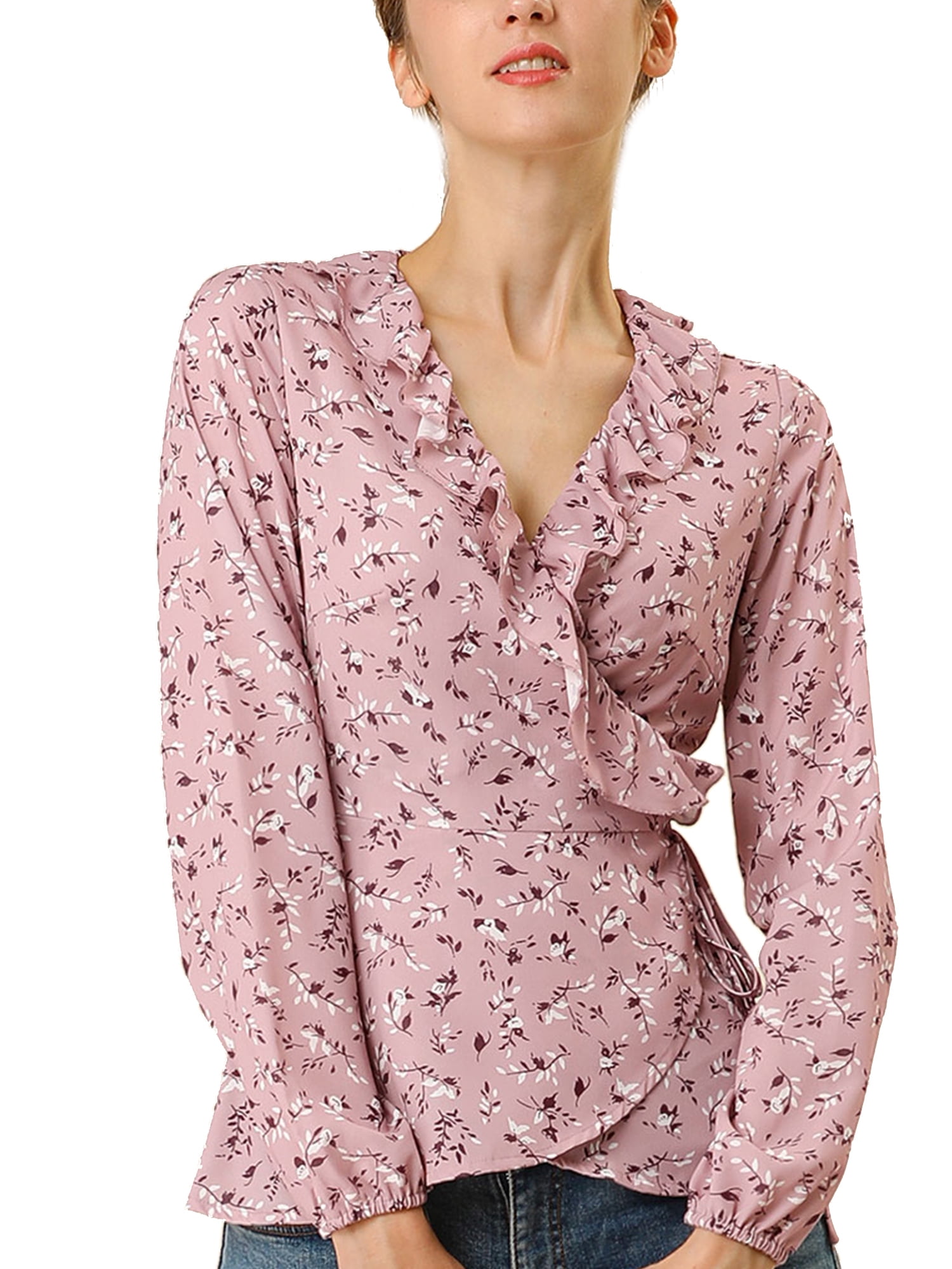 DARING DIVA Women's Wrap Top Ruffle Chiffon Peplum Blouse L Pink