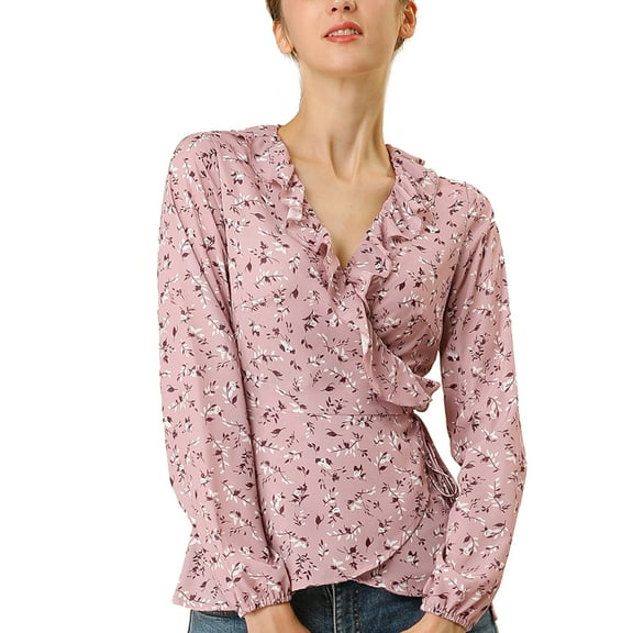 DARING DIVA Women's Wrap Top Ruffle Chiffon Peplum Blouse L Pink