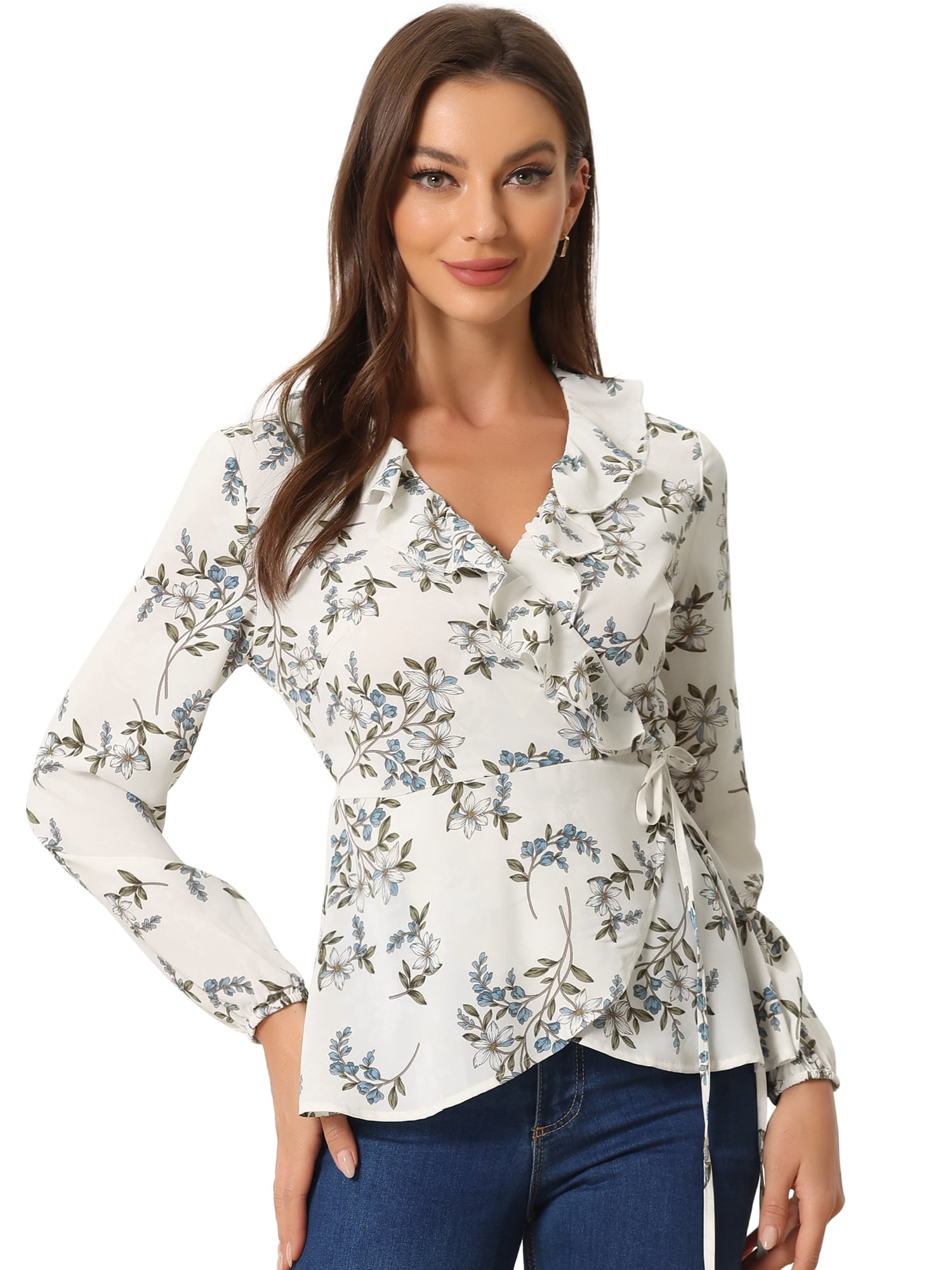DARING DIVA Women's Wrap Top Ruffle Chiffon Peplum Blouse S White