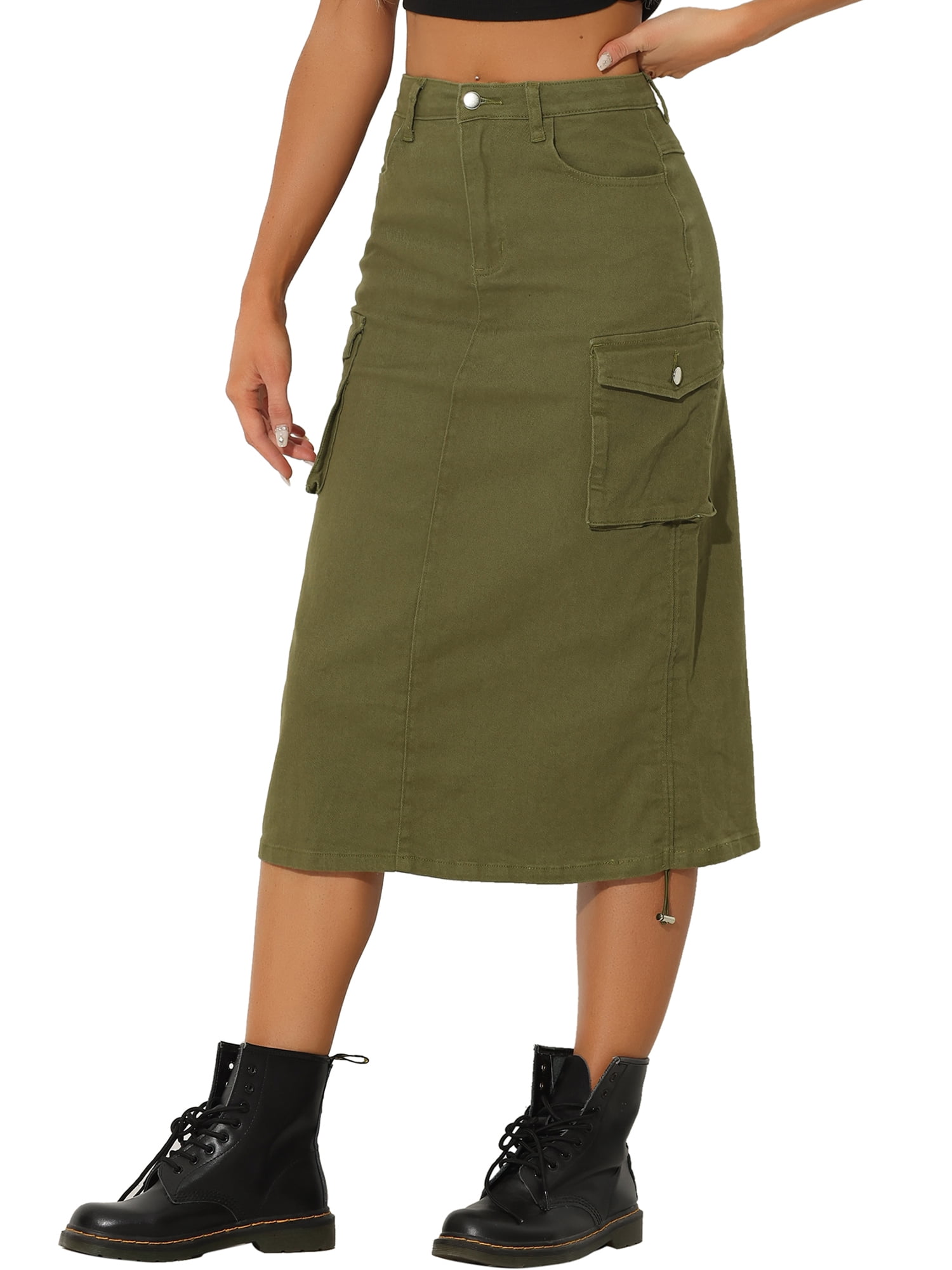DARING DIVA Women's Y2K Adjustable Casual A-Line Midi Jean Skirt M Army Green