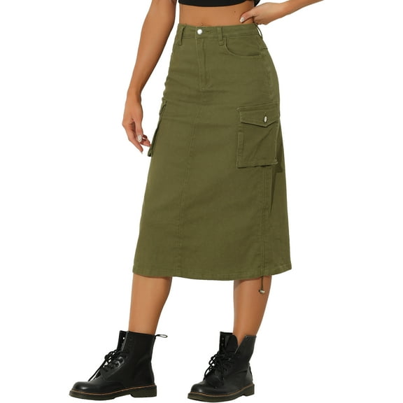 DARING DIVA Women's Y2K Adjustable Casual A-Line Midi Jean Skirt M Army Green