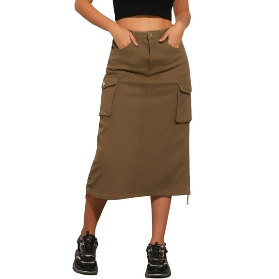 DARING DIVA Women's Y2K Adjustable Casual A-Line Midi Jean Skirt M Brown