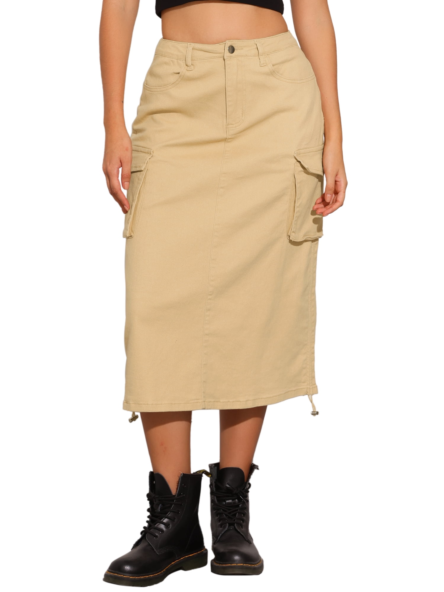 DARING DIVA Women's Y2K Adjustable Casual A-Line Midi Jean Skirt M Light Khaki