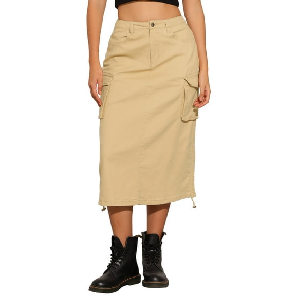 DARING DIVA Women's Y2K Adjustable Casual A-Line Midi Jean Skirt M Light Khaki