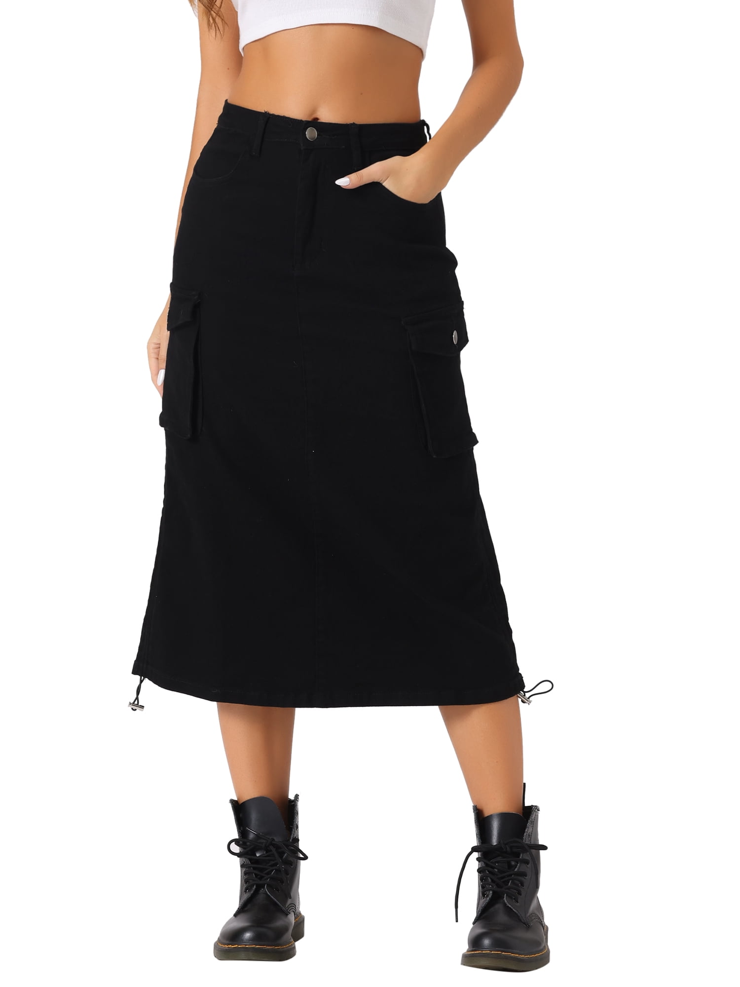 DARING DIVA Women's Y2K Adjustable Casual A-Line Midi Jean Skirt S Black