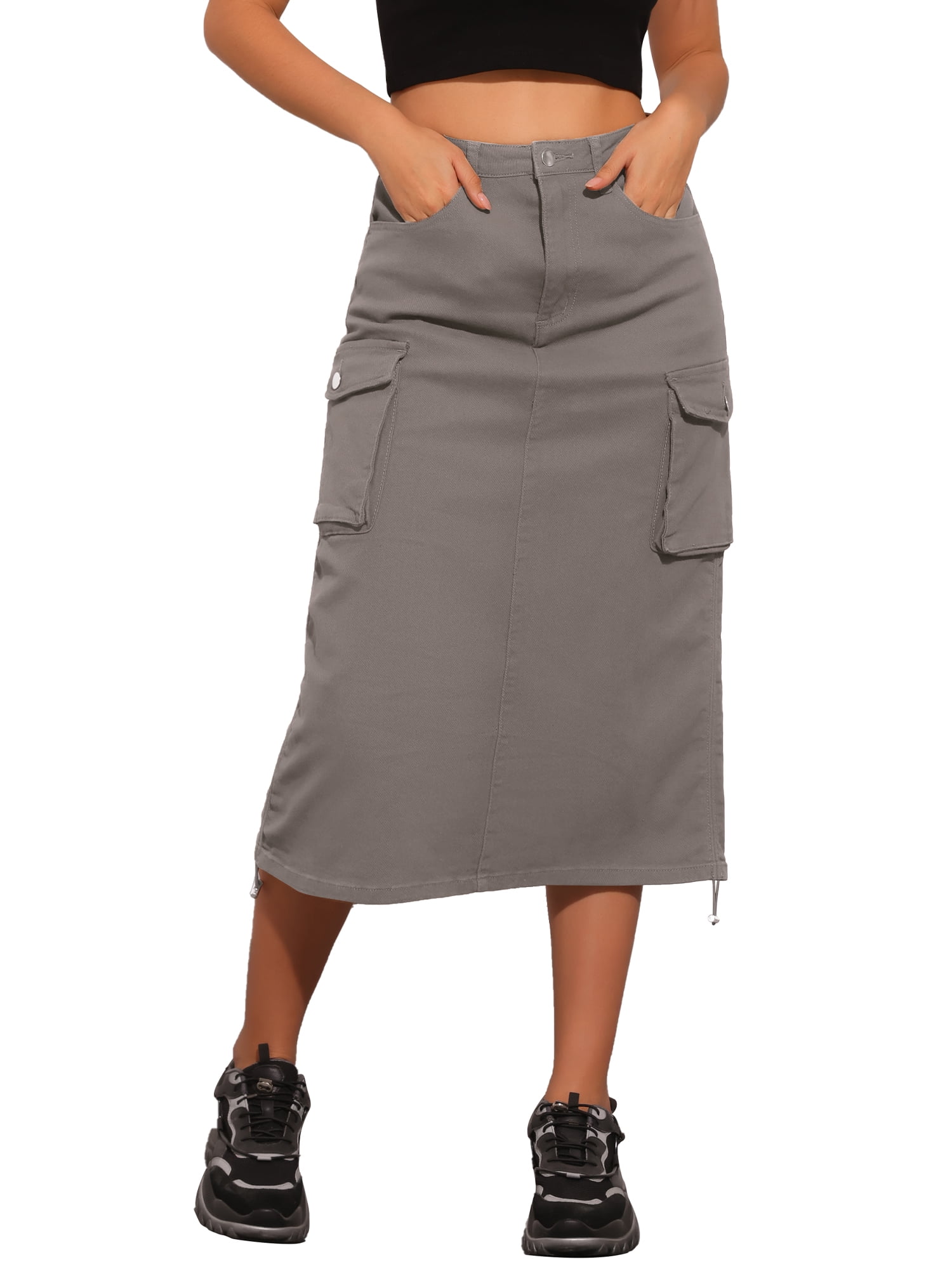 DARING DIVA Women's Y2K Adjustable Casual A-Line Midi Jean Skirt S Grey