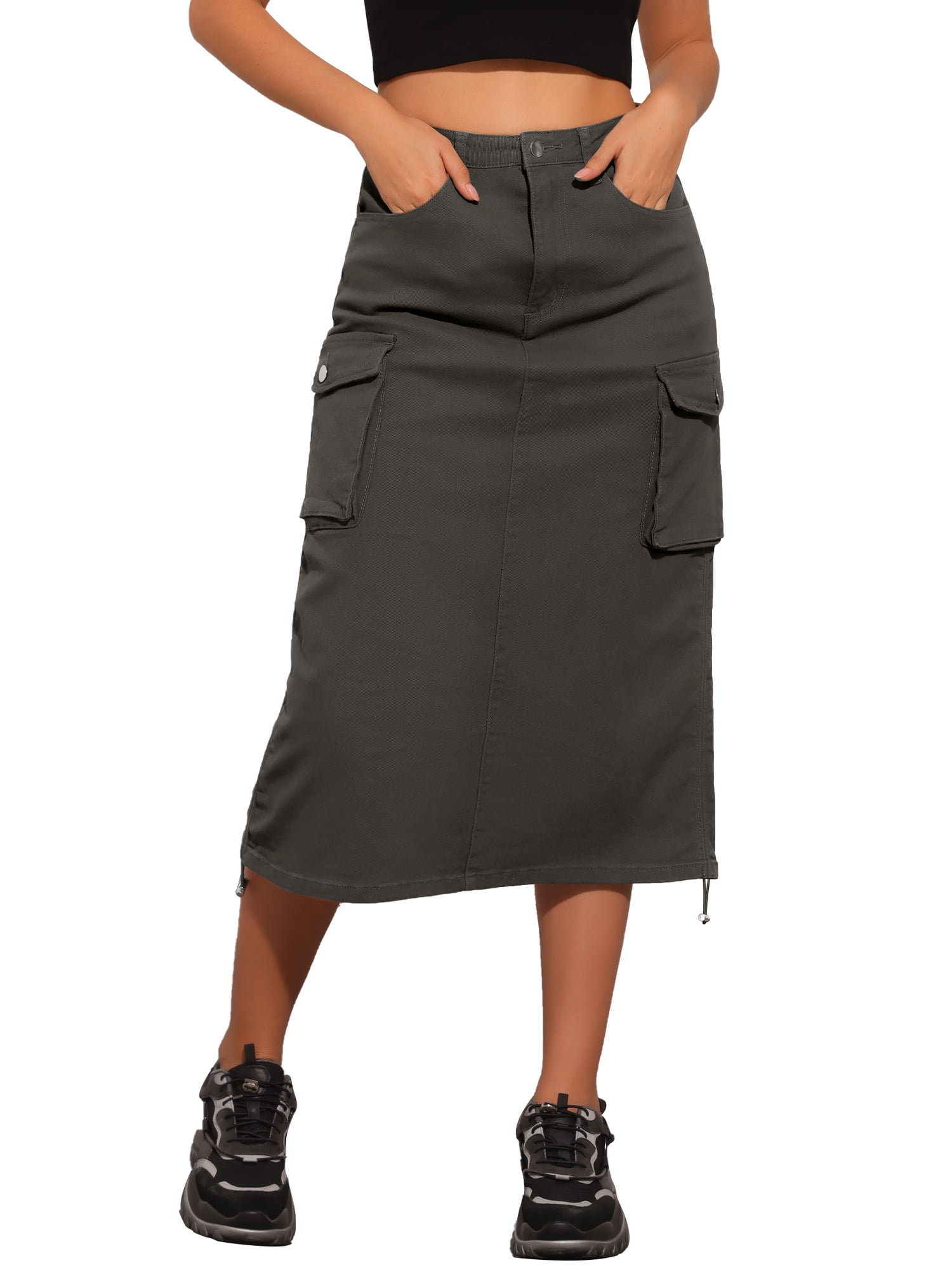DARING DIVA Women's Y2K Adjustable Casual A-Line Midi Jean Skirt Small Denim Black