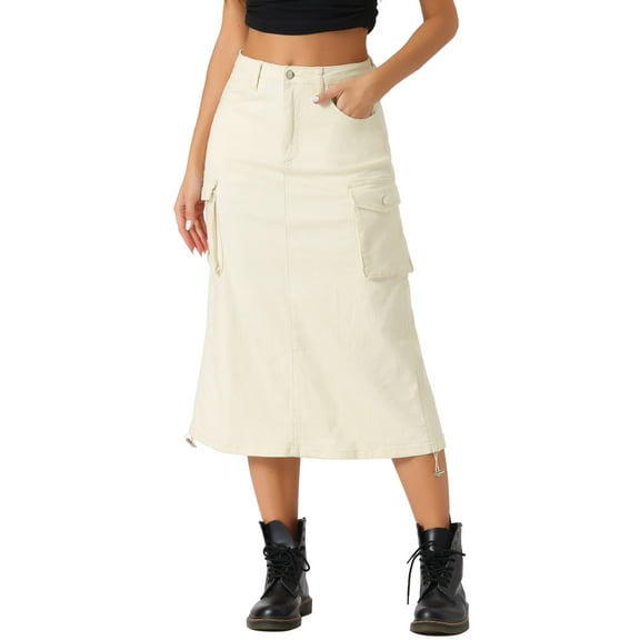 DARING DIVA Women's Y2K Adjustable Casual A-Line Midi Jean Skirt XL Beige