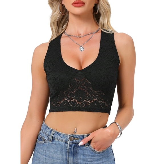 DARING DIVA Women's Y2K Bralettes V Neck Lace Tank Tops XS Black