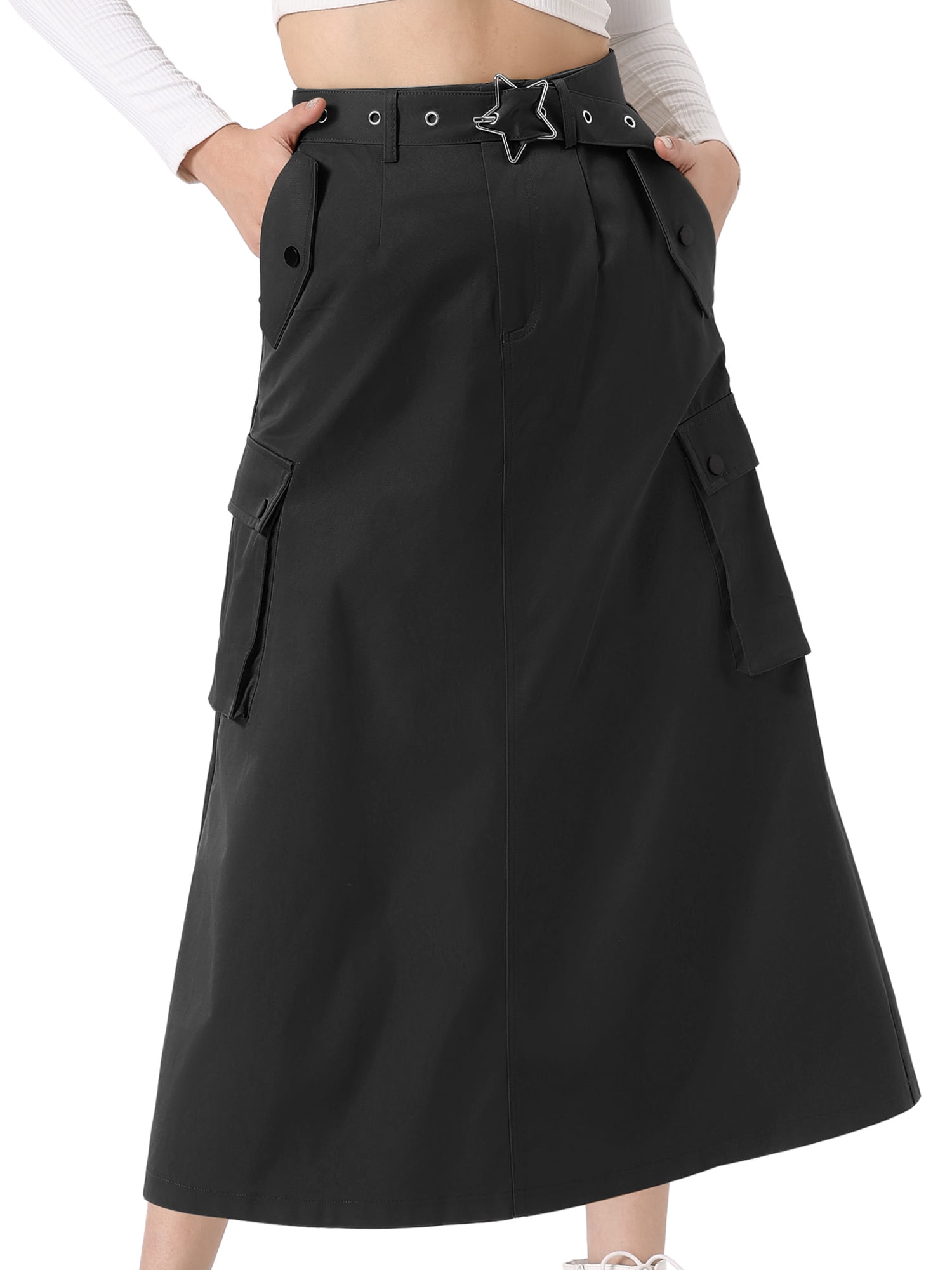 DARING DIVA Women's Stylish Versatile Y2K Cargo Long Skirt Vintage Streetwear M Black