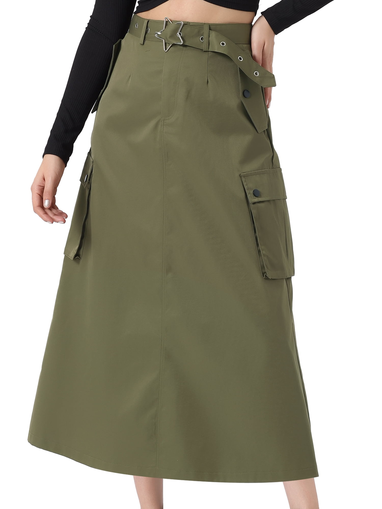 DARING DIVA Women's Stylish Versatile Y2K Cargo Long Skirt Vintage Streetwear S Army Green