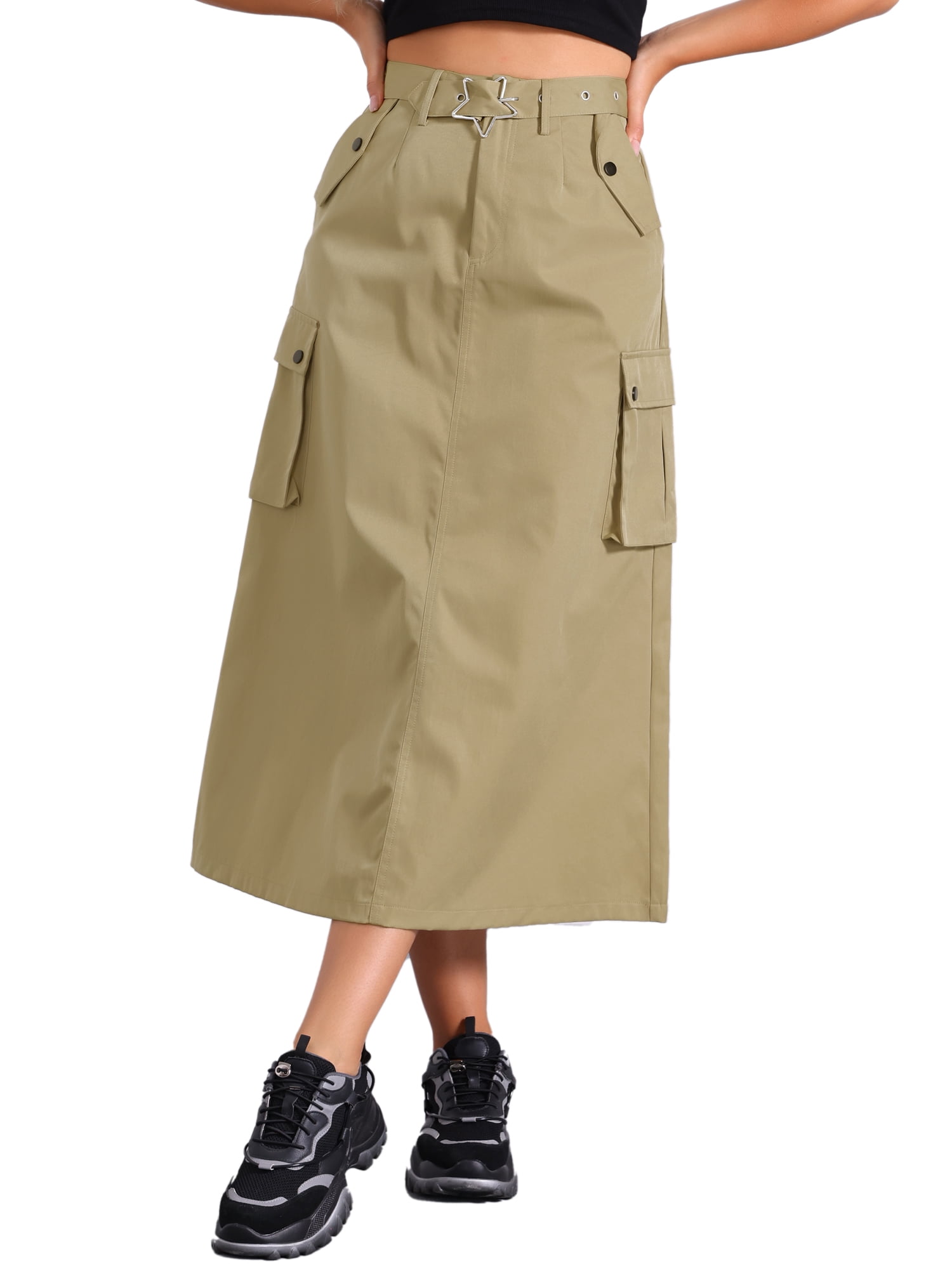 DARING DIVA Women's Stylish Versatile Y2K Cargo Long Skirt Vintage Streetwear S Khaki