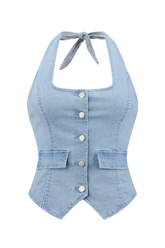 Women's Y2K Halter Neck Tie Back Crop Jean Bustier Top L Light Blue