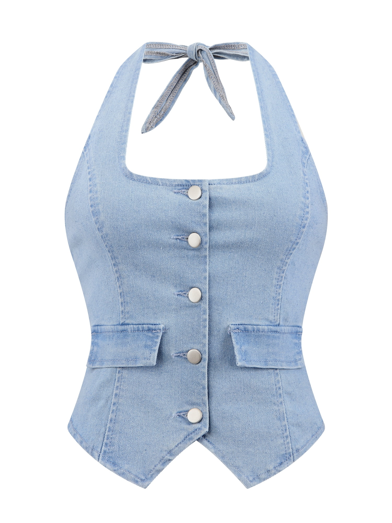DARING DIVA Women's Y2K Halter Neck Tie Back Crop Jean Bustier Top S Light Blue