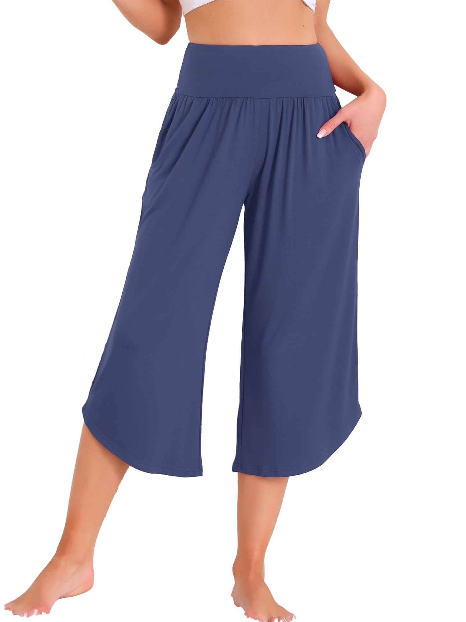 DARING DIVA Women's Capri Lounge Yoga Cropped Summer Casual Wide Leg Pants L Navy