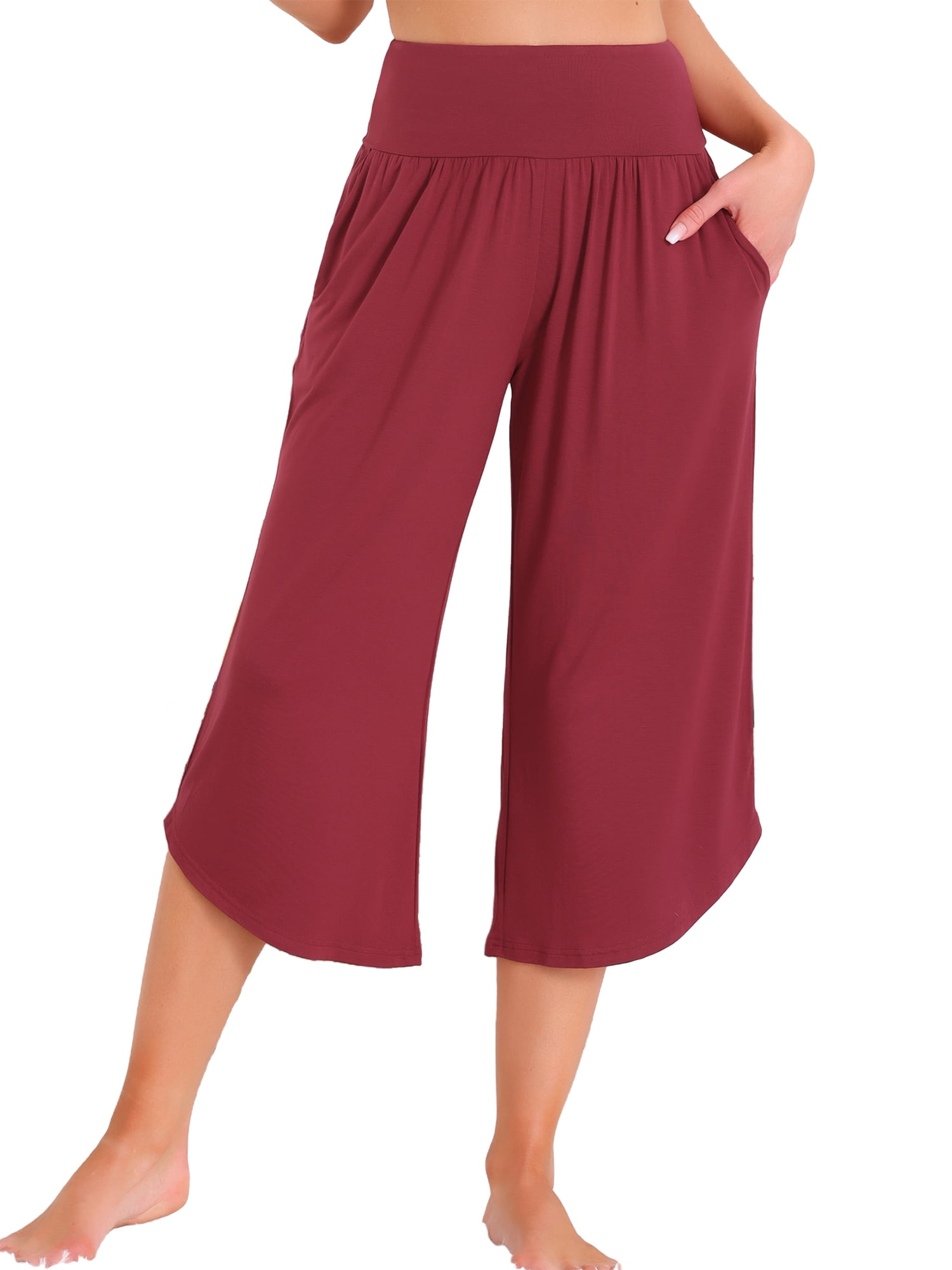 DARING DIVA Women's Capri Lounge Yoga Cropped Summer Casual Wide Leg Pants L Wine Red