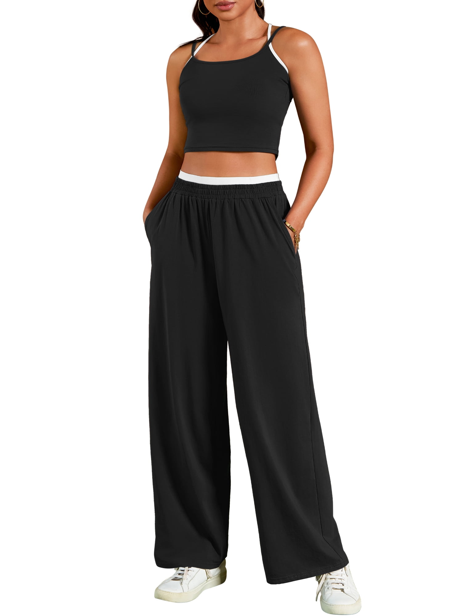 DARING DIVA Women's Yoga Set Camisole and Wide Leg Pants L Black