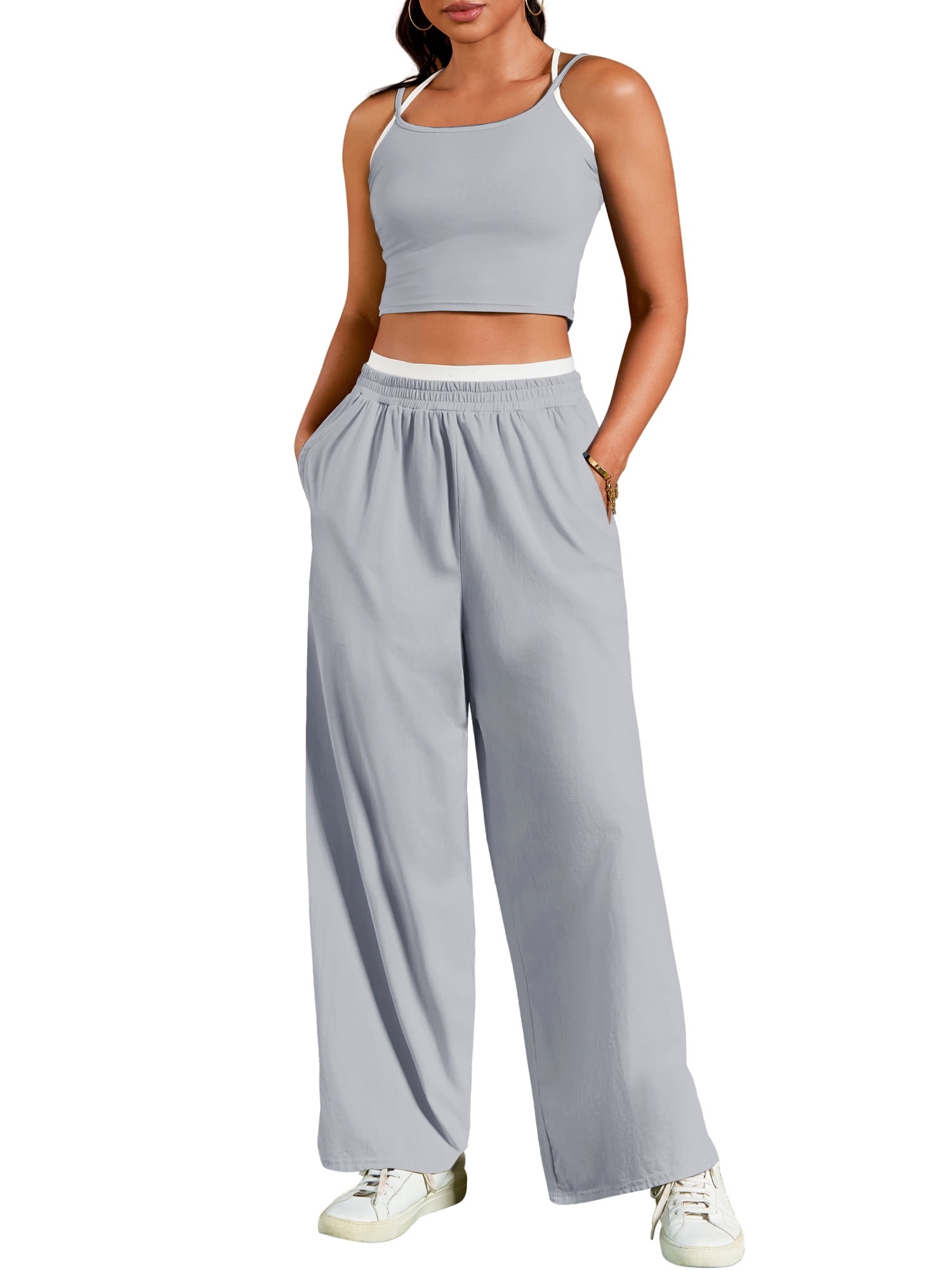 DARING DIVA Women's Yoga Set Camisole and Wide Leg Pants L Gray