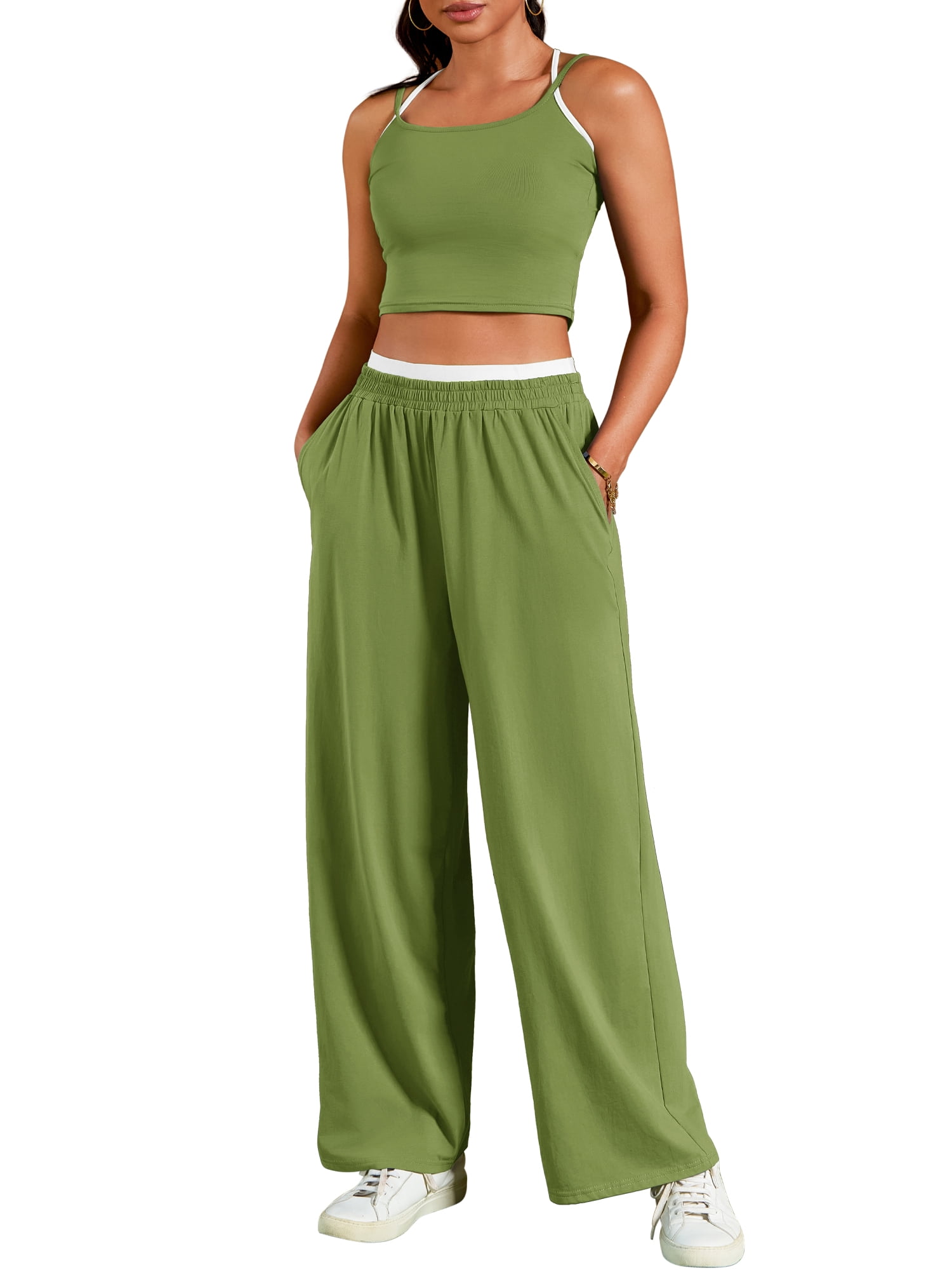 DARING DIVA Women's Yoga Set Camisole and Wide Leg Pants M Green