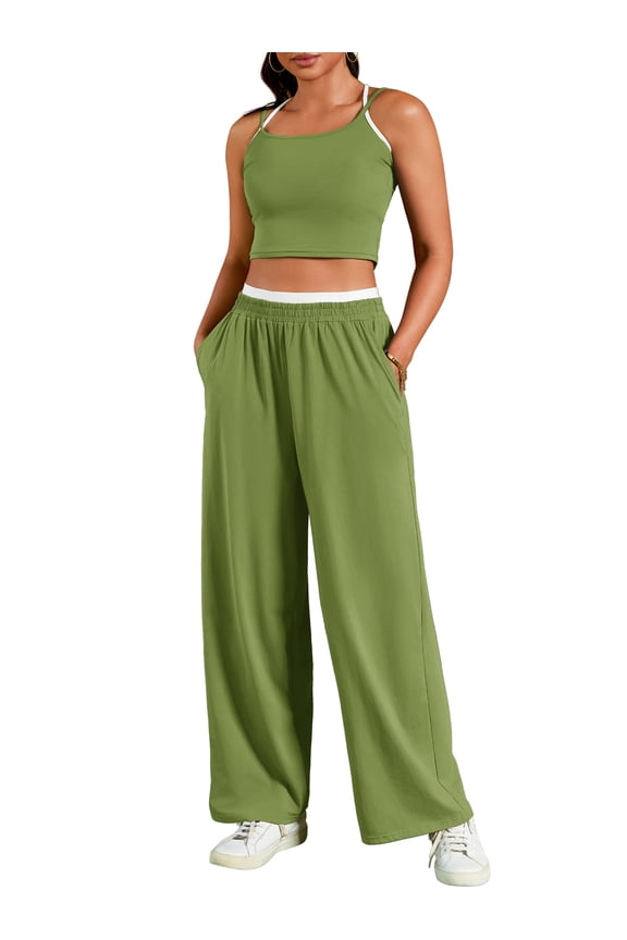 Women's Yoga Set Camisole and Wide Leg Pants S Green