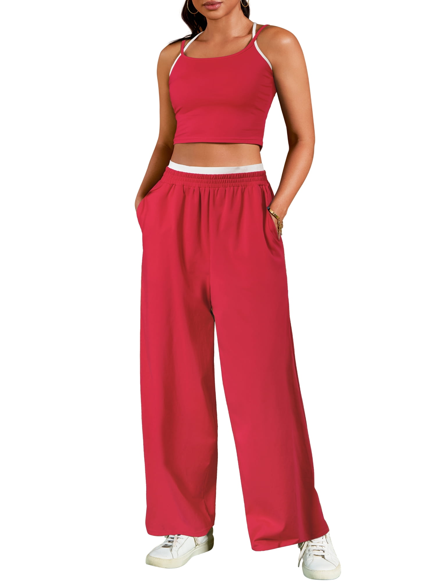 DARING DIVA Women's Yoga Set Camisole and Wide Leg Pants S Red
