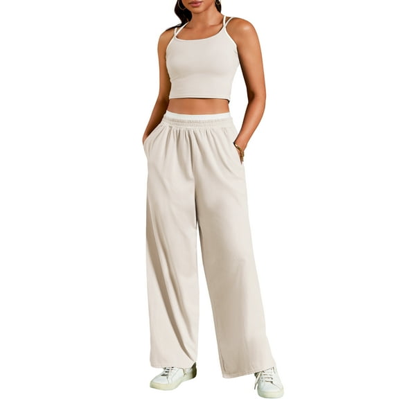 DARING DIVA Women's Yoga Set Camisole and Wide Leg Pants XL Light Khaki