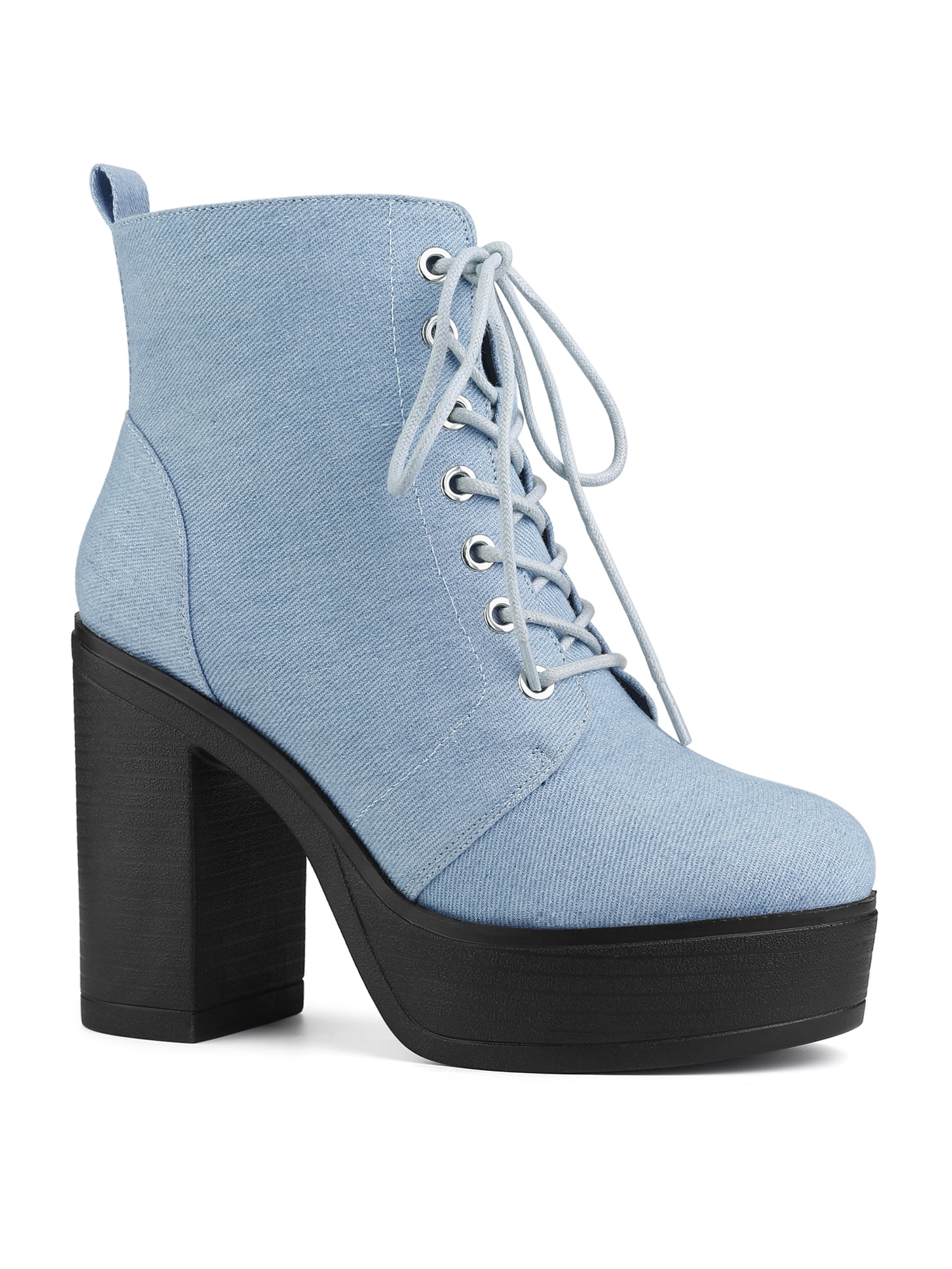 DARING DIVA Women's Zip Platform Block Heel Combat Boots Denim Blue 9