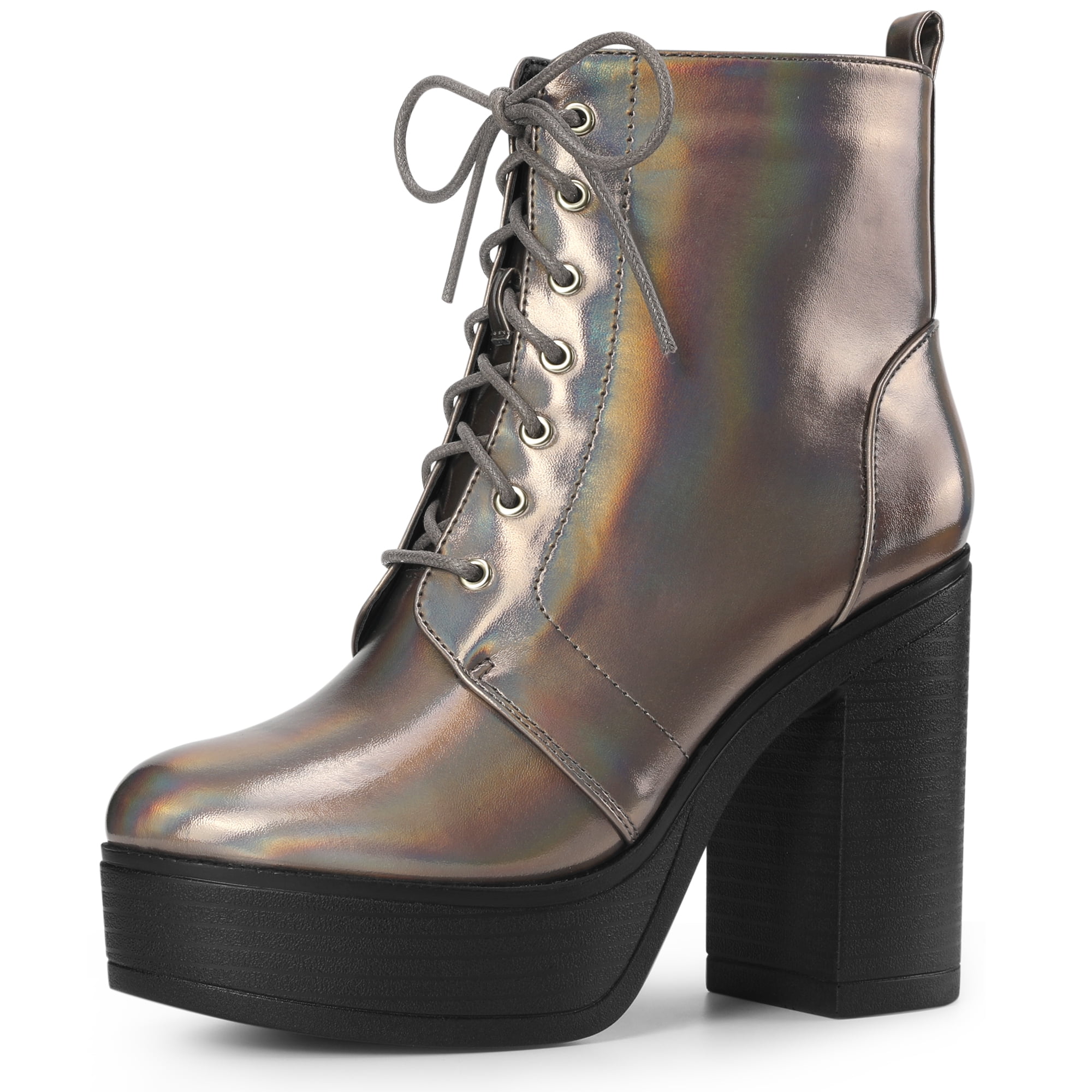 DARING DIVA Women's Zip Platform Block Heel Combat Boots Gunmetal 9