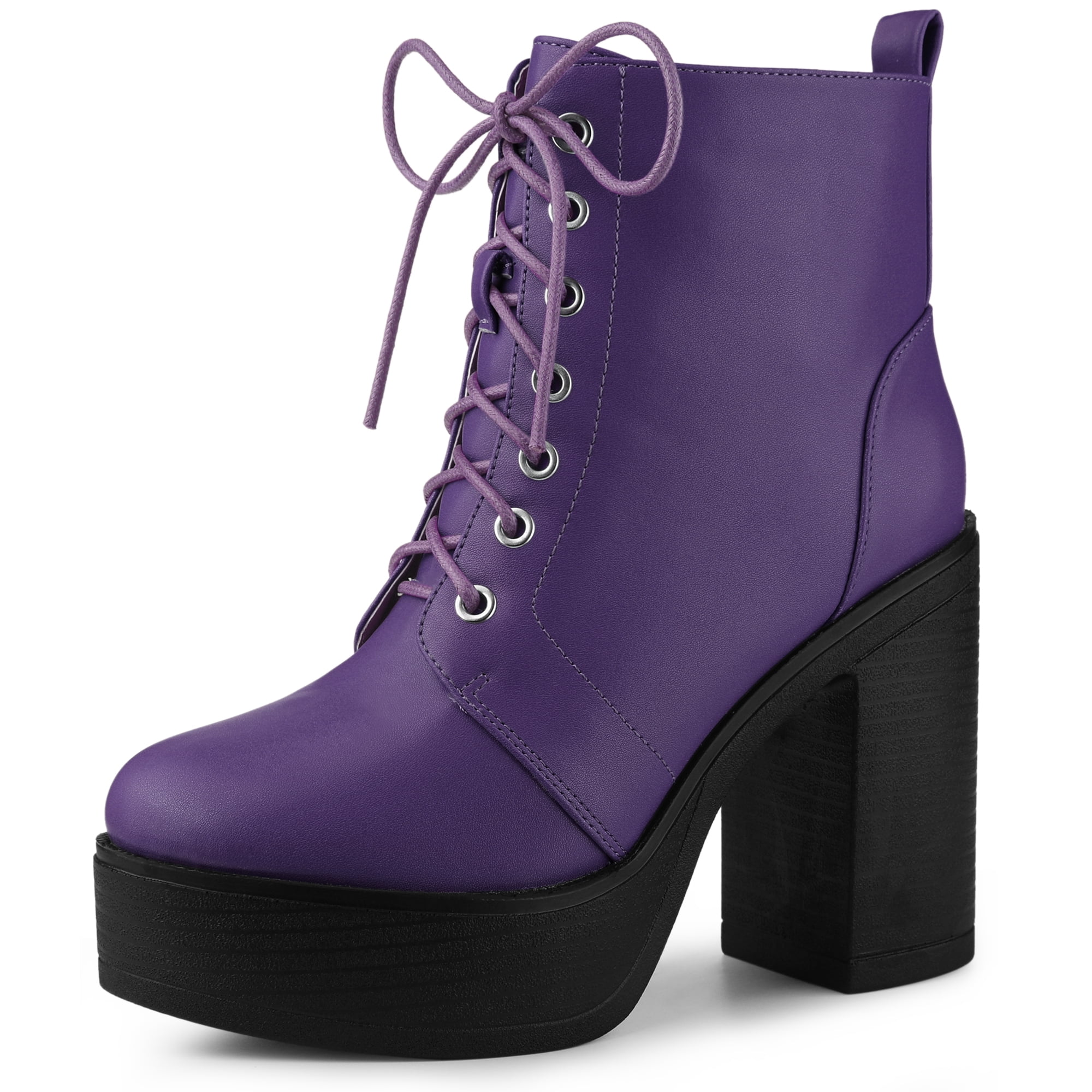 DARING DIVA Women's Zip Platform Block Heel Combat Boots Purple 7.5