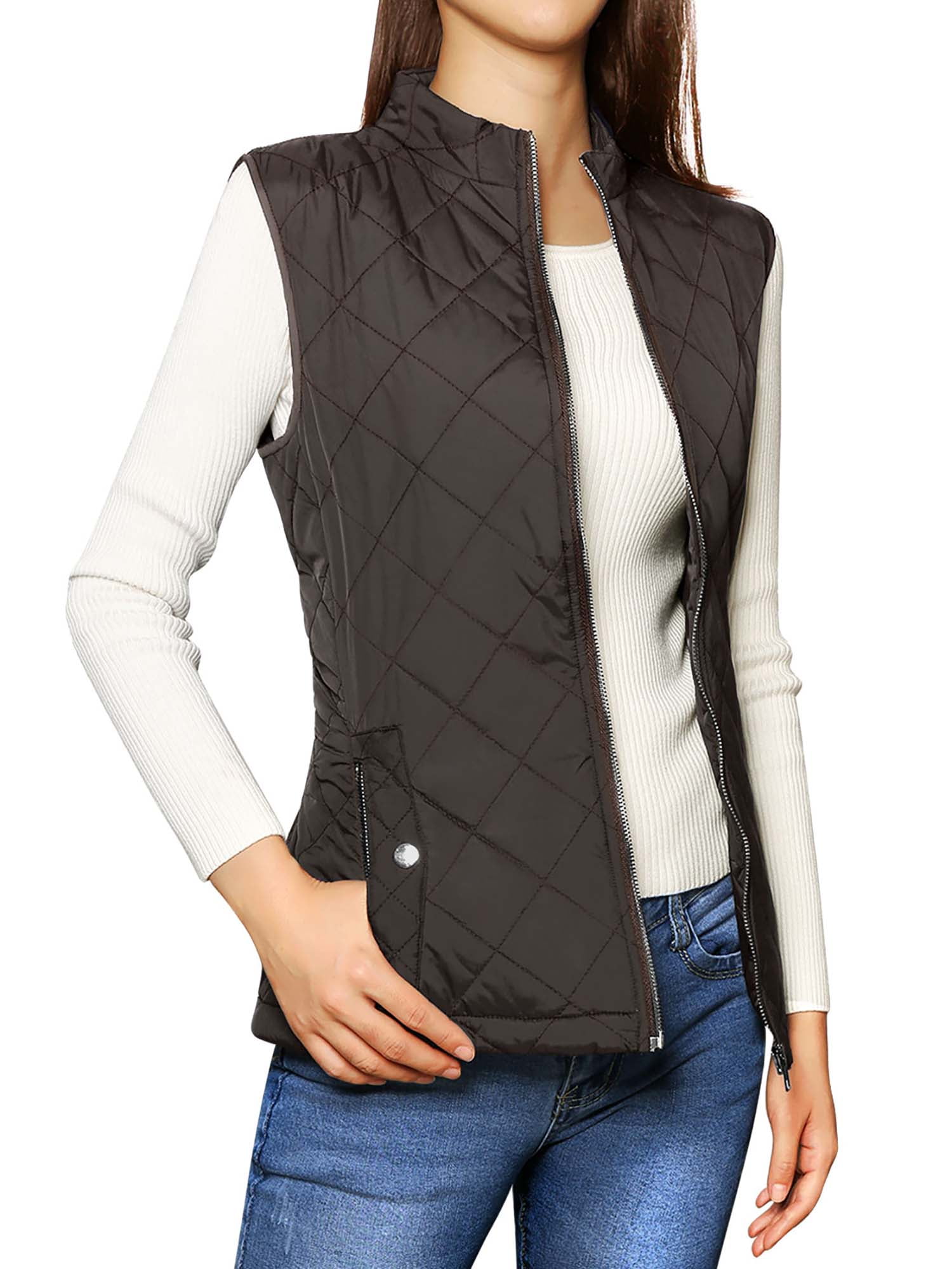 DARING DIVA Women's Zip Stand Collar Quilted Padded Vest L Brown