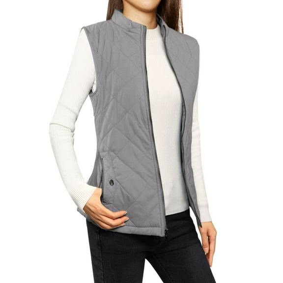 DARING DIVA Women's Zip Stand Collar Quilted Padded Vest L Gray