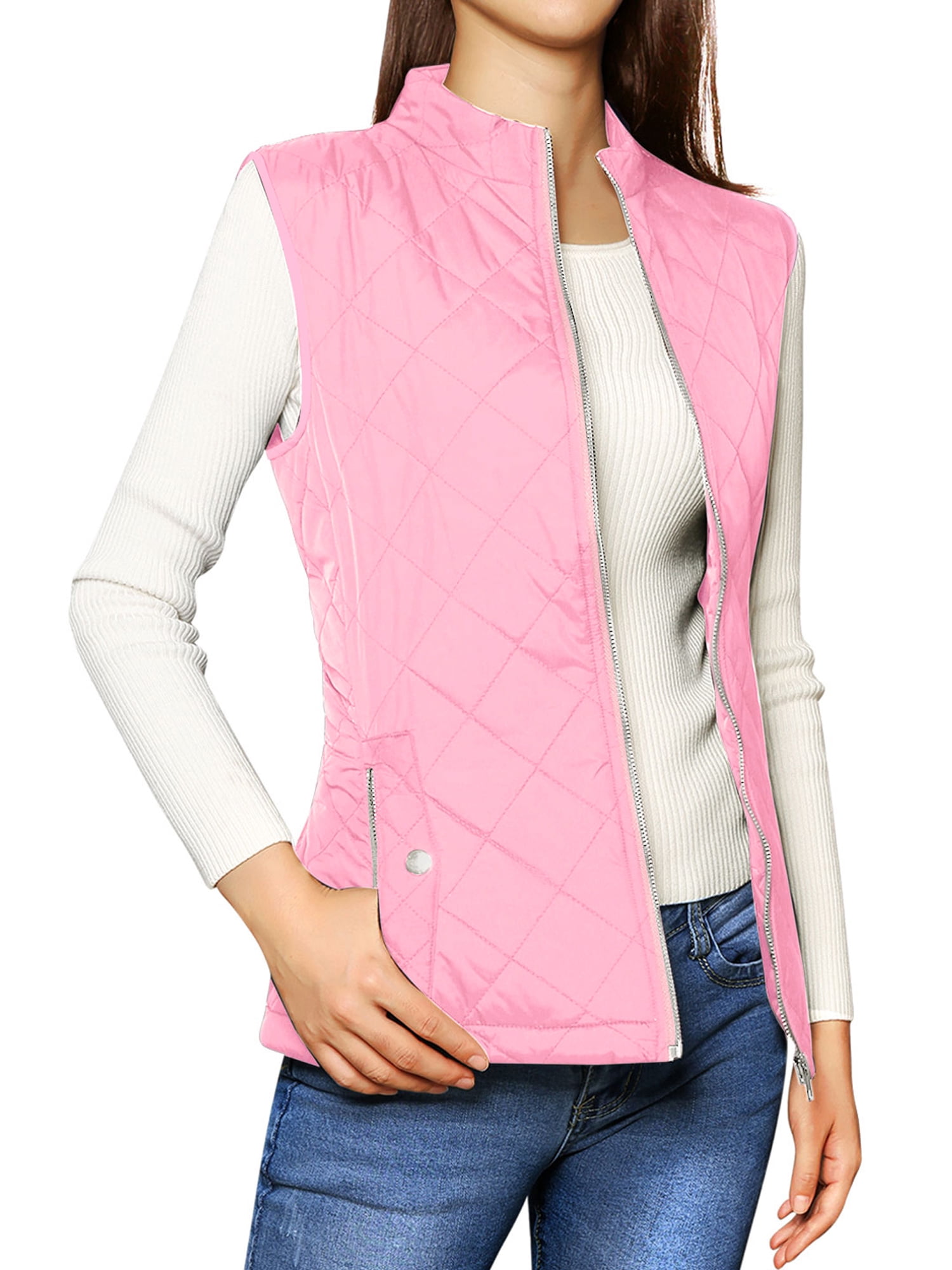 DARING DIVA Women's Zip Stand Collar Quilted Padded Vest L Pink