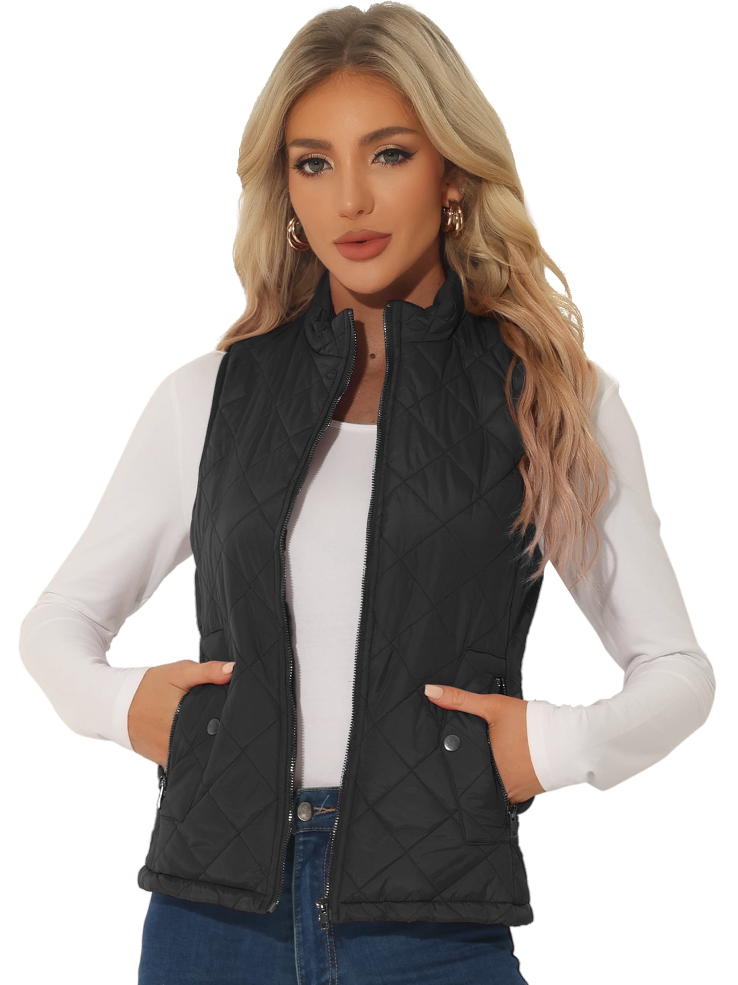 DARING DIVA Women's Zip Stand Collar Quilted Padded Vest M Black