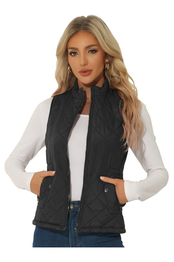 Women's Zip Stand Collar Quilted Padded Vest M Black