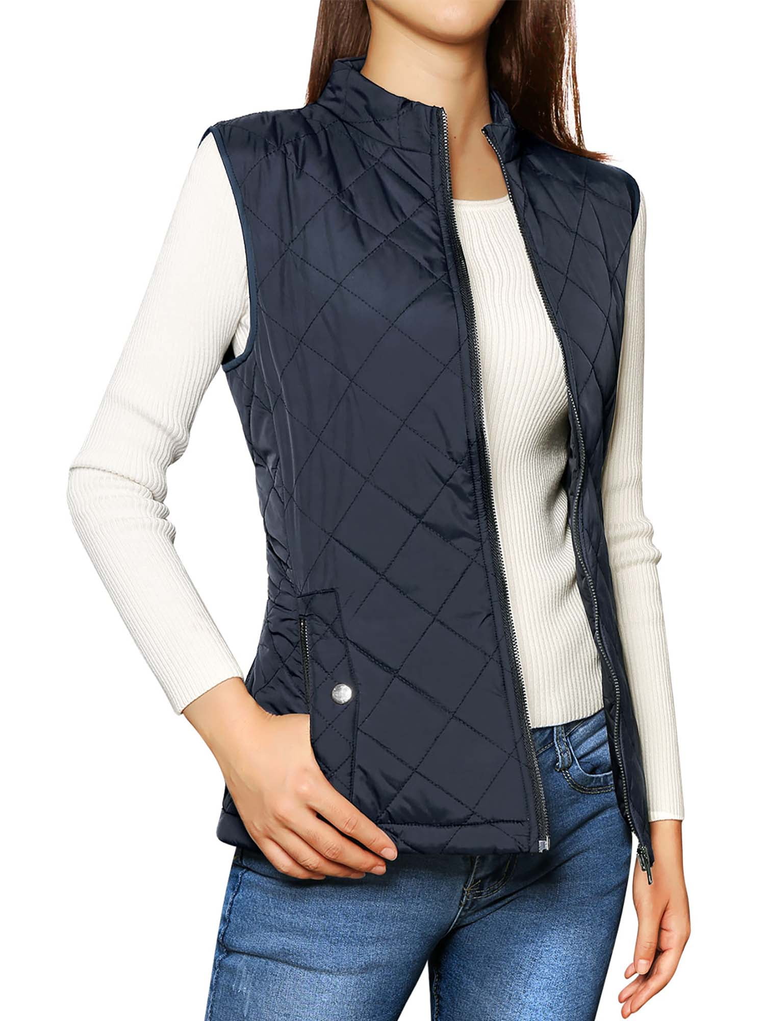 DARING DIVA Women's Zip Stand Collar Quilted Padded Vest M Dark Blue