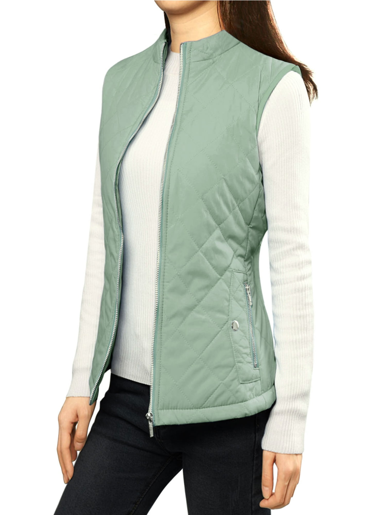 DARING DIVA Women's Zip Stand Collar Quilted Padded Vest M Dusty Green