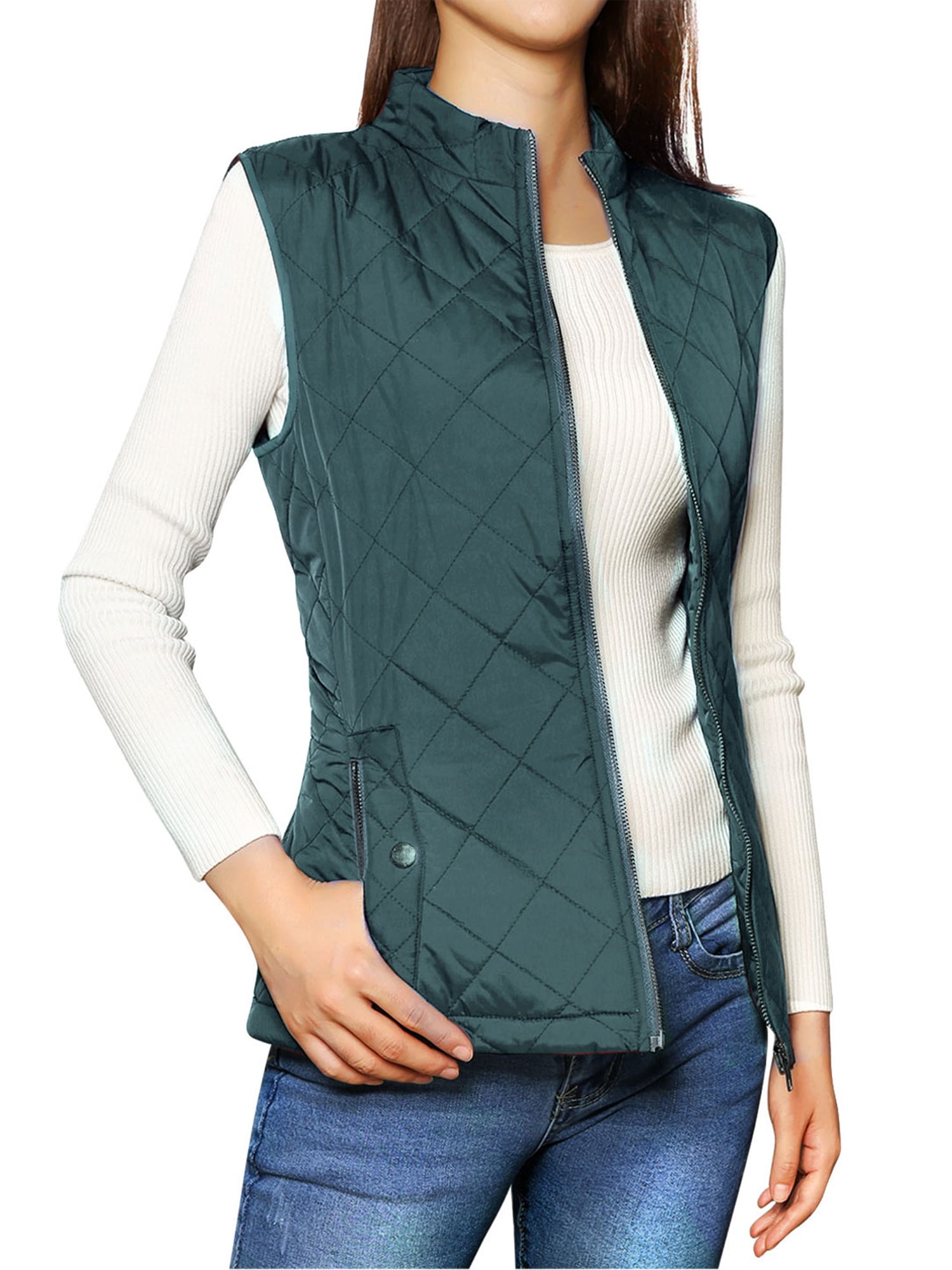DARING DIVA Women's Zip Stand Collar Quilted Padded Vest M Forest Green