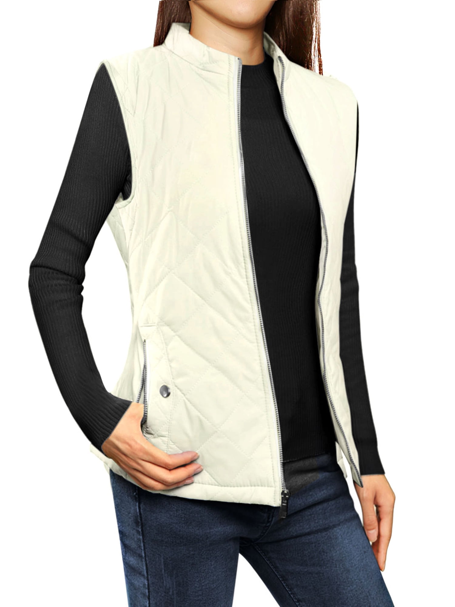 DARING DIVA Women's Zip Stand Collar Quilted Padded Vest M Gray