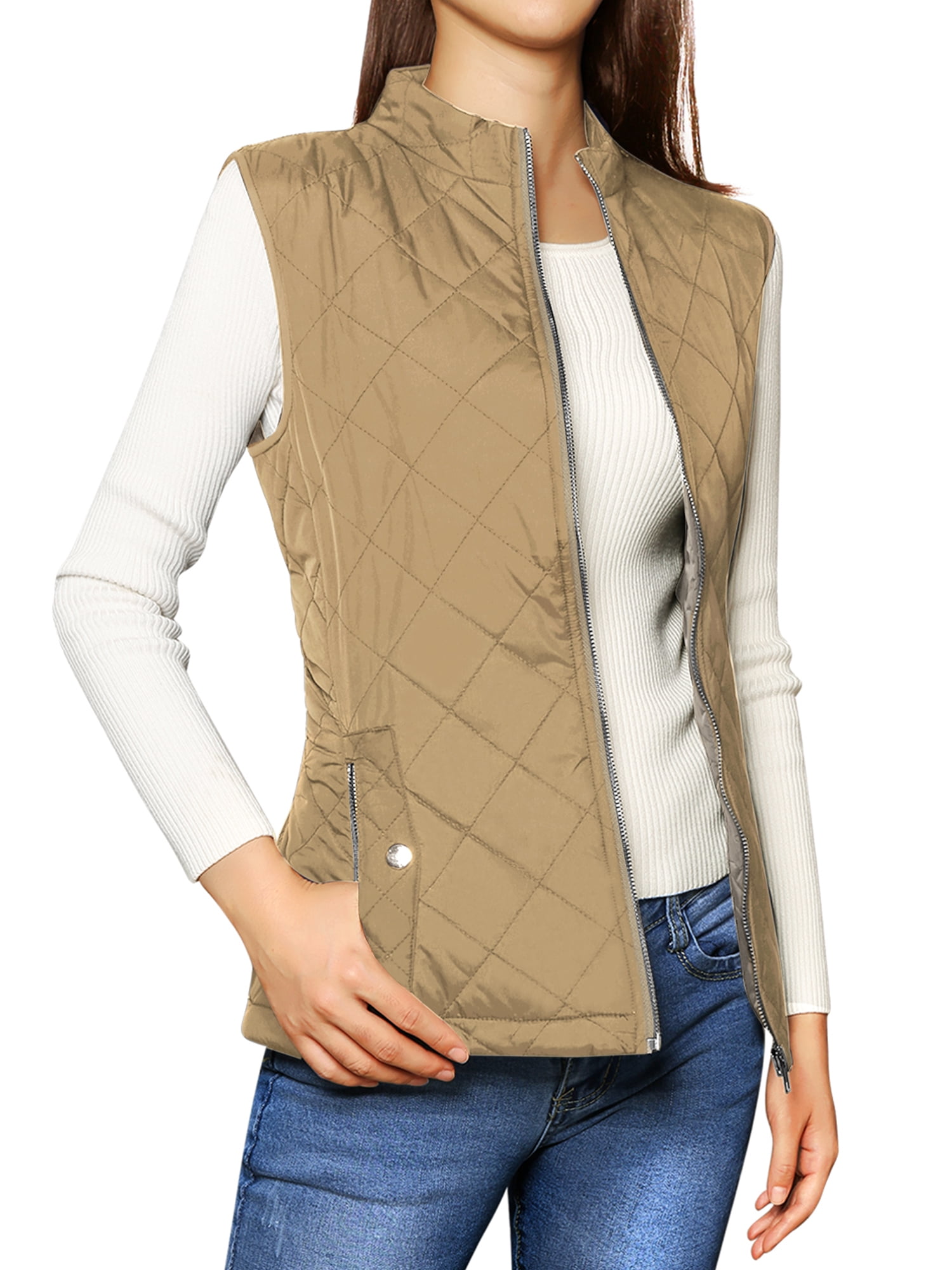 DARING DIVA Women's Zip Stand Collar Quilted Padded Vest S Khaki