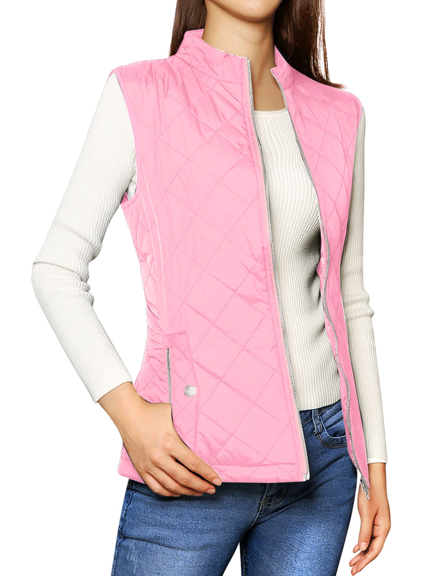 DARING DIVA Women's Zip Stand Collar Quilted Padded Vest S Pink