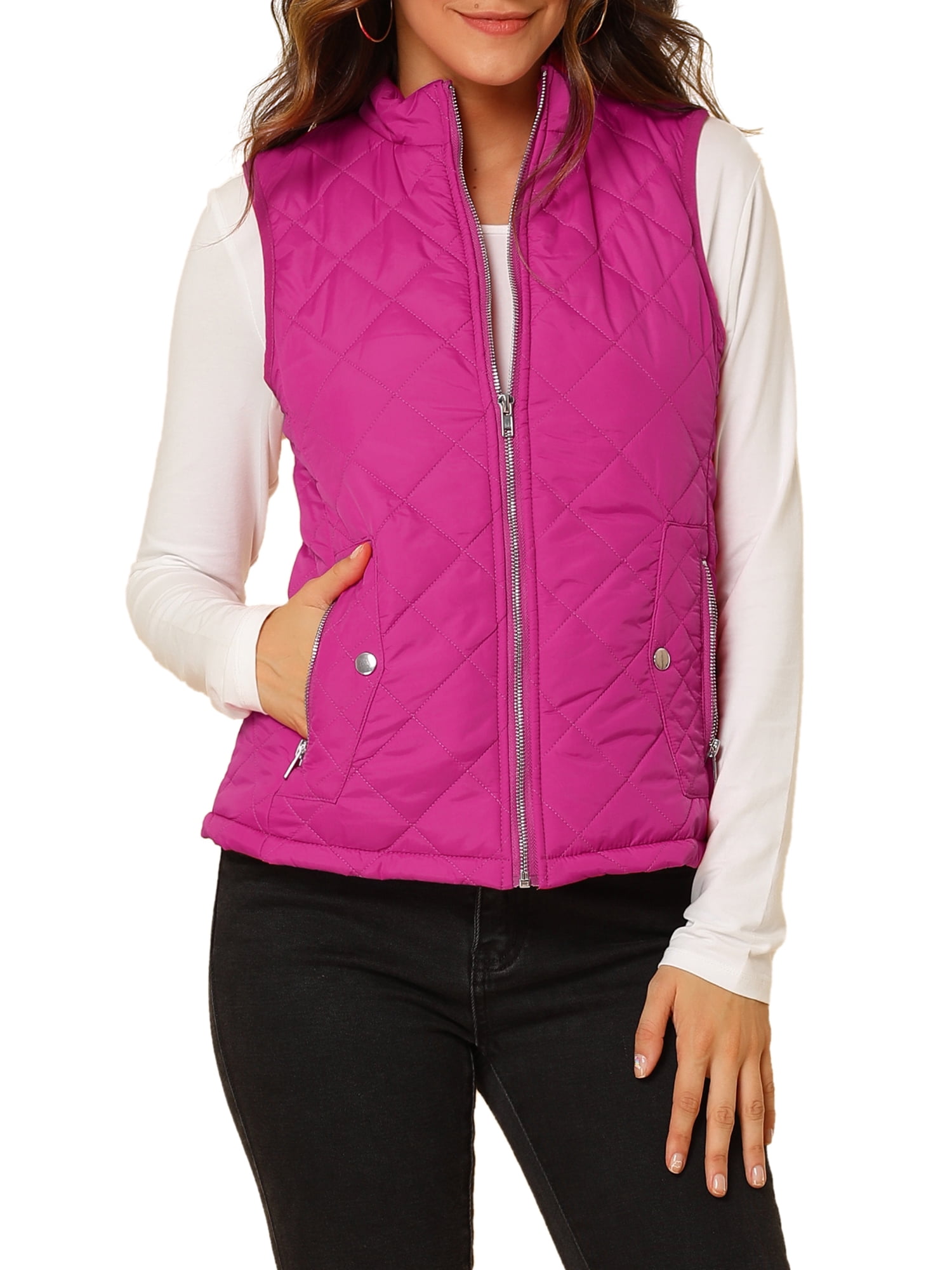 DARING DIVA Women's Zip Stand Collar Quilted Padded Vest XL Fuchsia