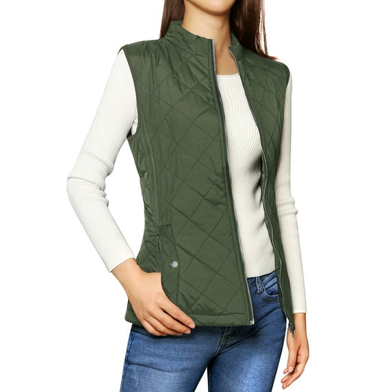 DARING DIVA Women's Zip Stand Collar Quilted Padded Vest XL Green