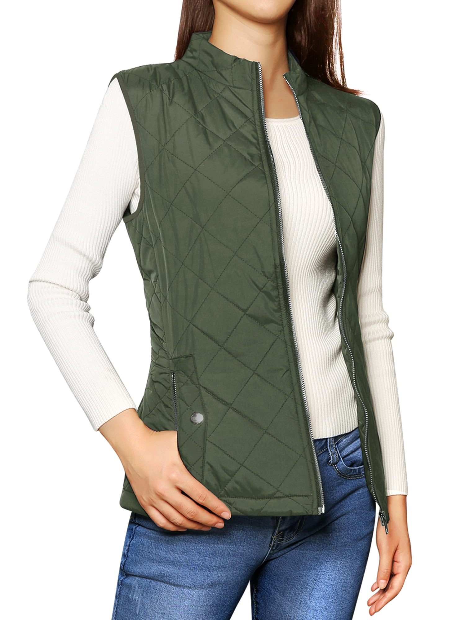 DARING DIVA Women's Zip Stand Collar Quilted Padded Vest XS Green