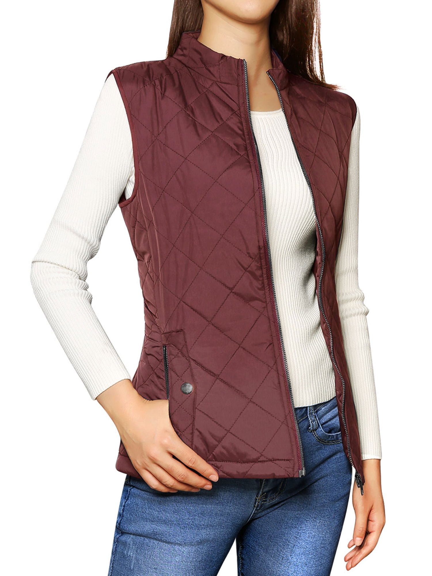 DARING DIVA Women's Zip Stand Collar Quilted Padded Vest XS Wine Red