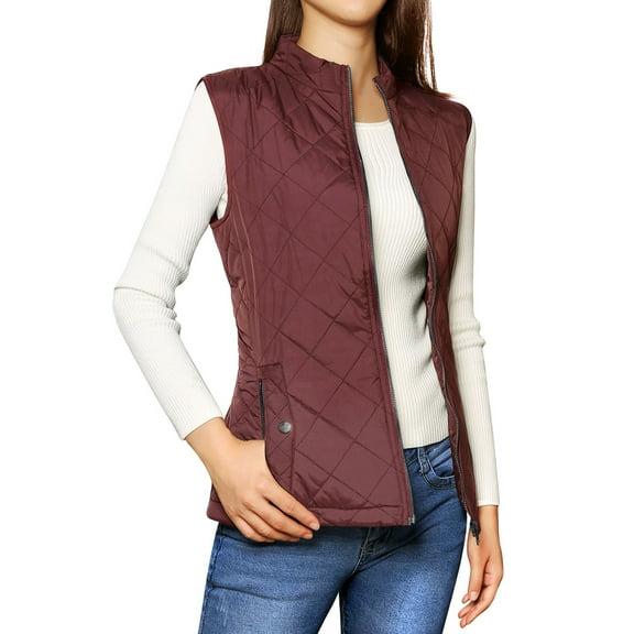 DARING DIVA Women's Zip Stand Collar Quilted Padded Vest XS Wine Red